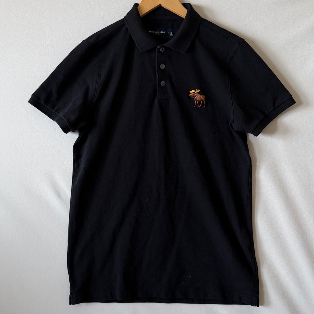 Abercrombie & Fitch Pique Black Polo Large Embroidered Moose Icon Logo Sz Medium